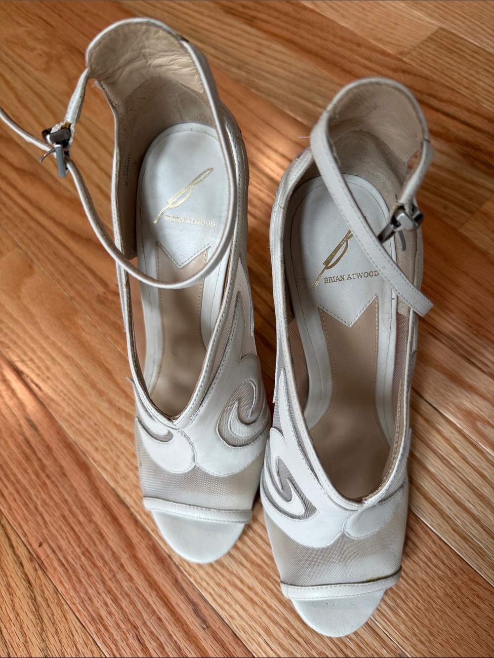 Brian Atwood Ivory Peep-Toe Ankle-Strap Heels with Swirl Appliqué